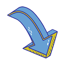 3D curved blue downward arrow PNG with a yellow outline. LowRes.