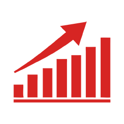 Red bar chart with an upward arrow