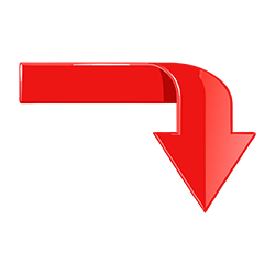 Red downward curved arrow PNG low res with transparent background.