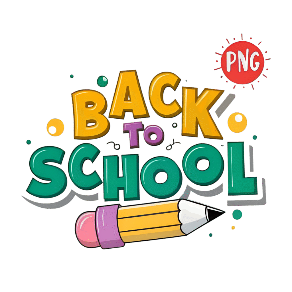 Colorful back to school PNG with cartoon pencil and bold text