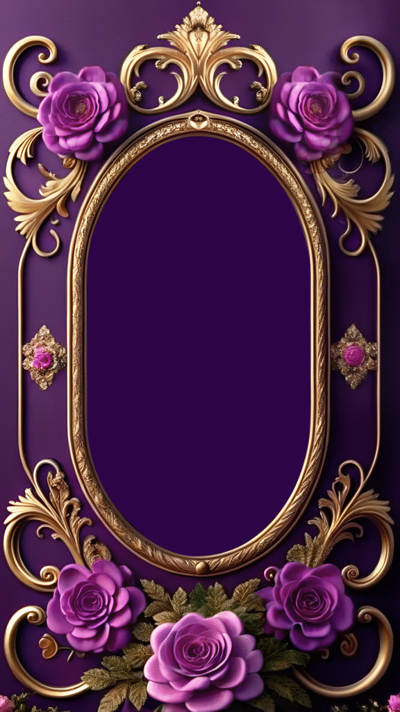 Floral golden frame banner PNG with purple background and roses