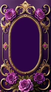Elegant floral frame banner with golden border and purple roses