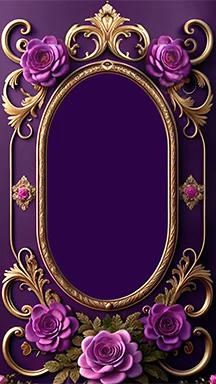 Elegant floral frame banner with golden border and purple roses