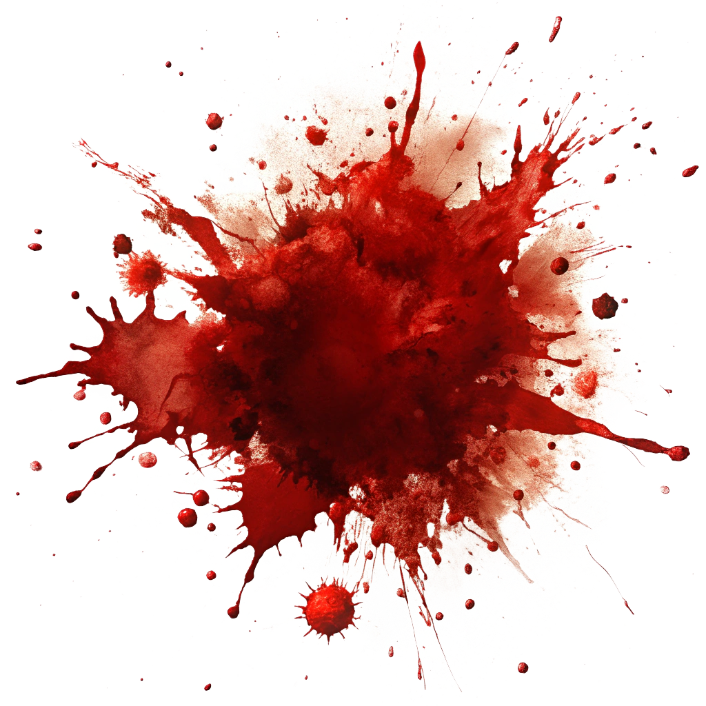 Realistic blood splatter PNG with transparent background and irregular droplets.