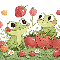 Whimsical cartoon frog illustration with fruit