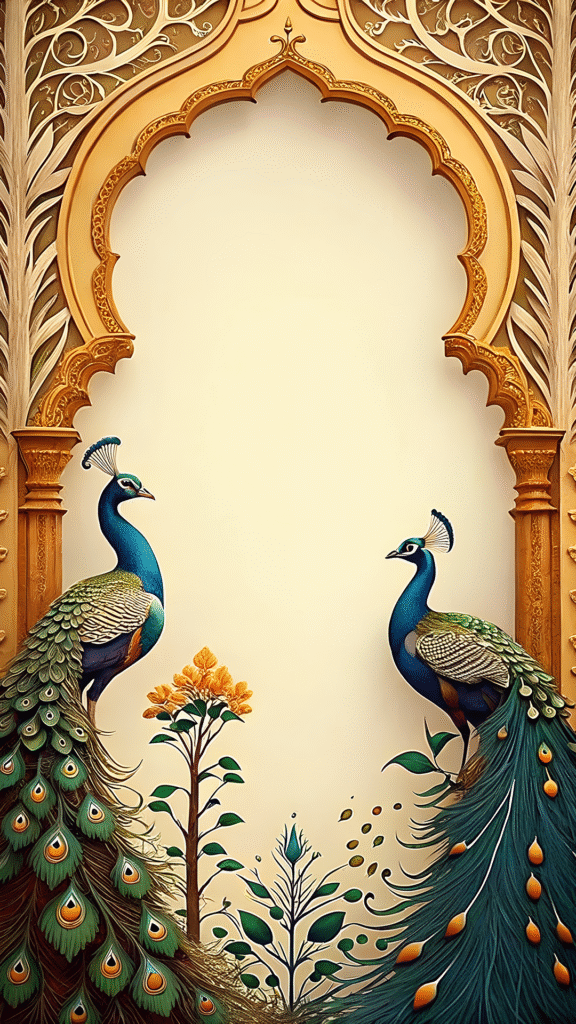 Free wedding invitation background PNG with peacocks and royal arch design