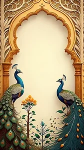 Elegant wedding card background with peacocks and floral frame