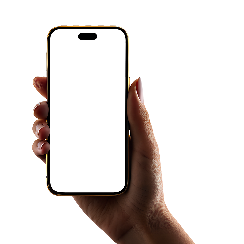 Realistic Hand Holding Phone Mockup with blank screen on a transparent background.
