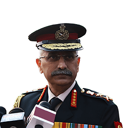 India Army Chief General MM Naravane in military uniform with medals, facing media