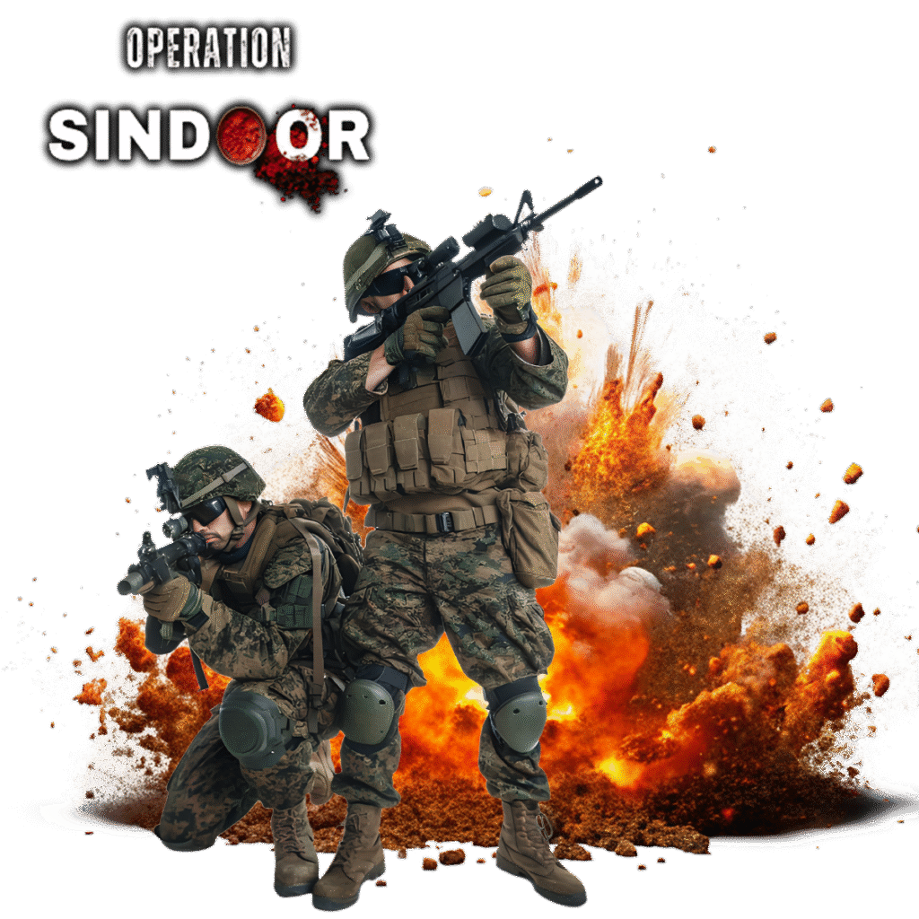 Operation Sindoor Indian Army PNG showing two armed soldiers with explosion in background