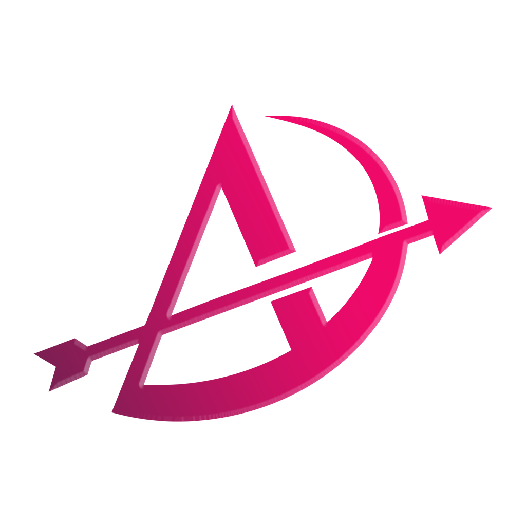 A text logo PNG with arrow and pink gradient