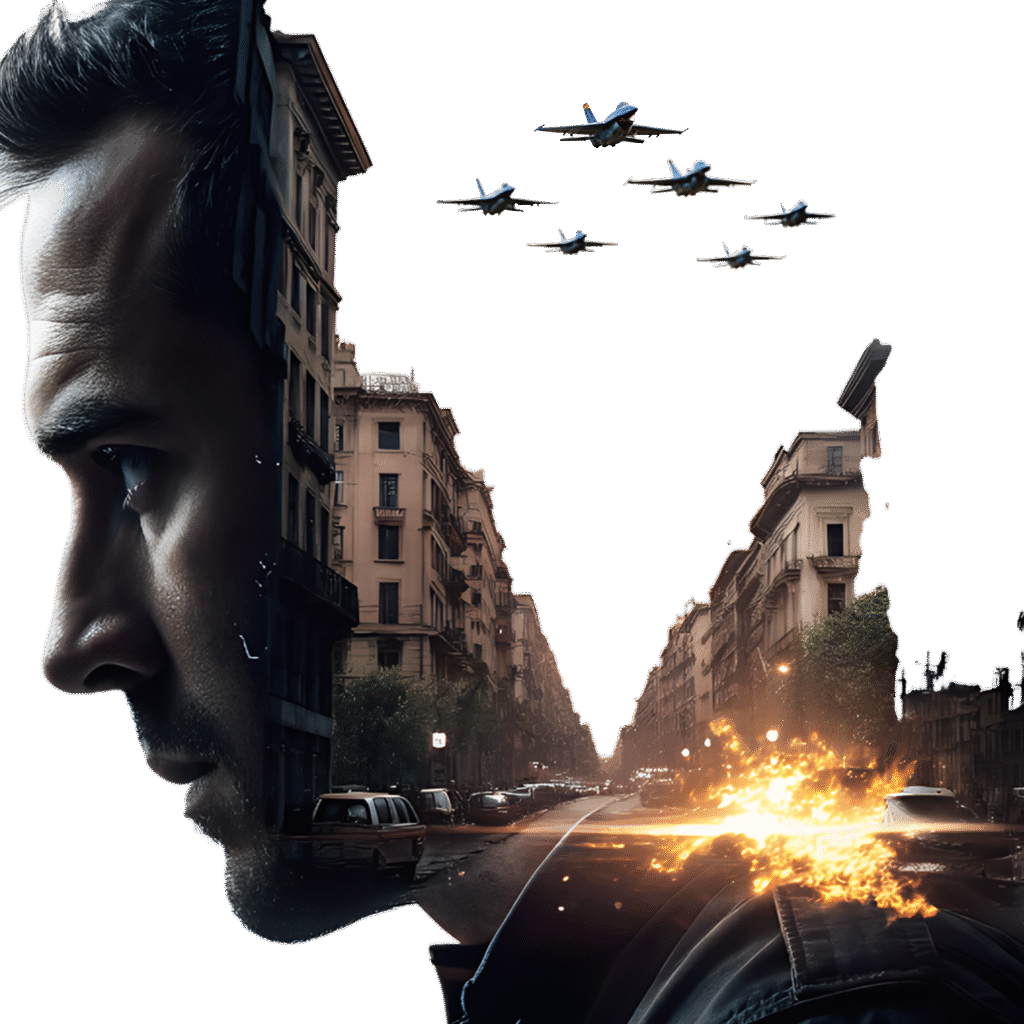 action double exposure explosion PNG with cityscape