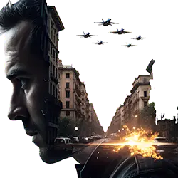 dramatic action PNG with explosion and urban overlay
