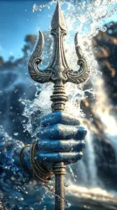 Lord Shiva holding Trishul with water backdrop