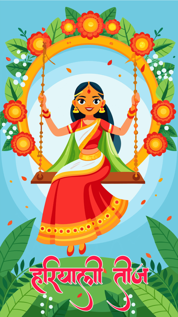Hariyali Teej 2025 PNG of woman on swing with flowers