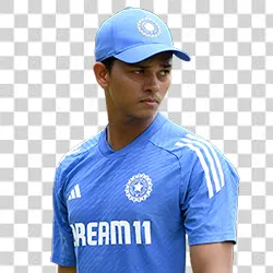 Indian cricketer Yashasvi Jaiswal standing in blue jersey