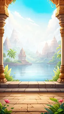 Scenic temple landscape background with tropical plants and lake