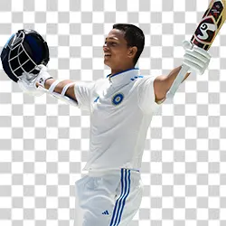 Yashashvi Jaiswal celebrating with bat and helmet PNG