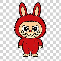 Playful Labubu clipart with red fur and cheeky grin