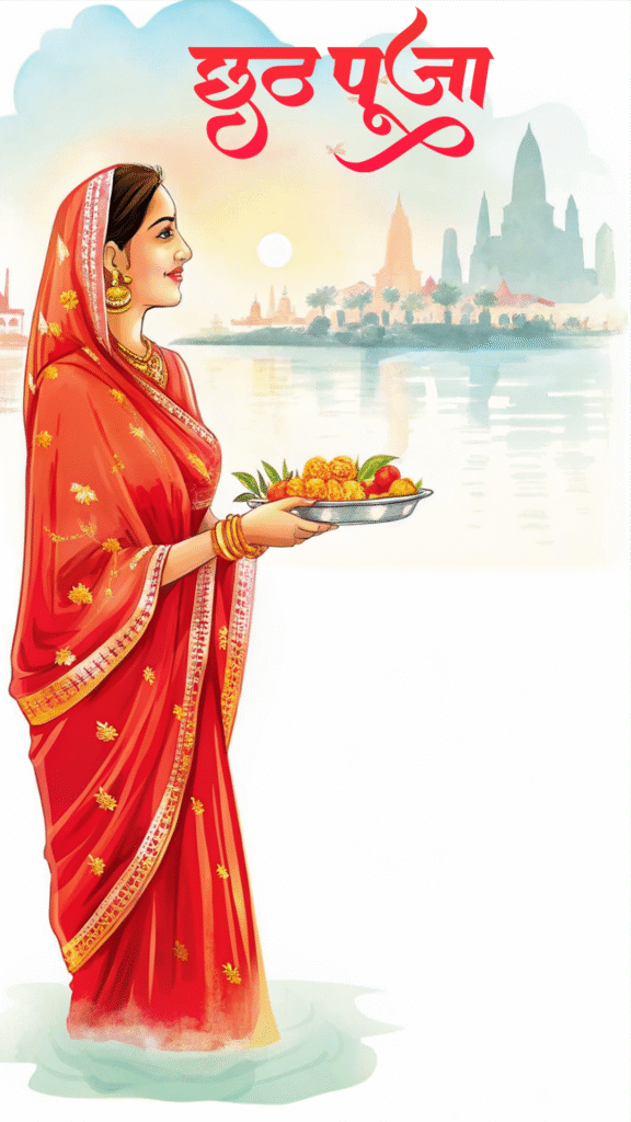 Chhath Puja poster background with woman offering prayers by river