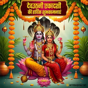 Greetings 7 Dev Uthani Ekadashi featured poster of Vishnu and Lakshmi with Hindi festive greeting and marigold background