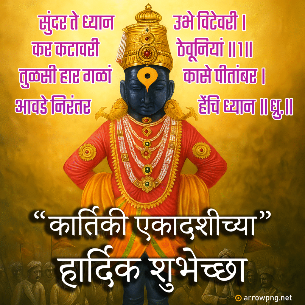 Lord Vitthal with Marathi Kartiki Ekadashi Wishes greeting image with golden background