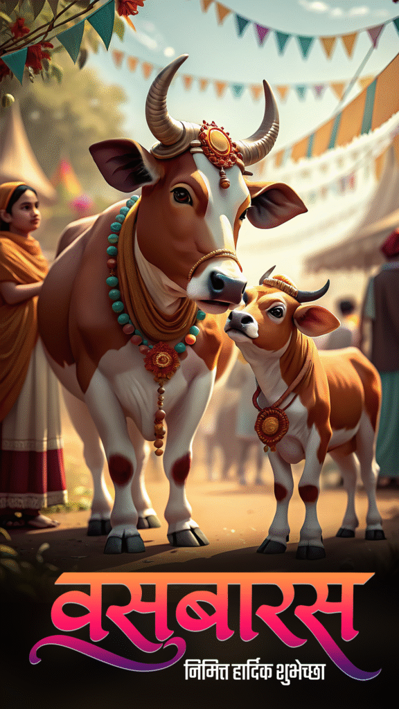 Vasubaras wishes in Marathi with cow and calf image