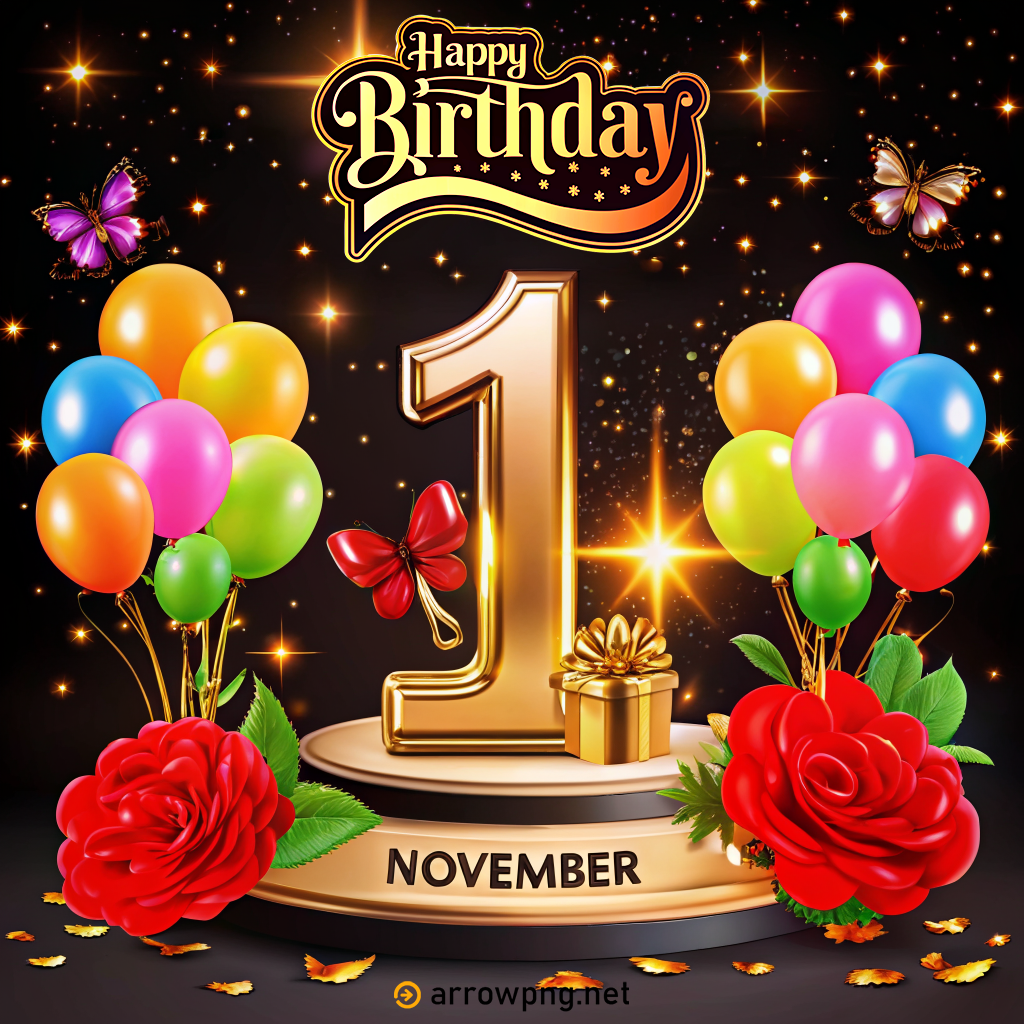 1st November Birthday Wishes with colorful balloons and roses