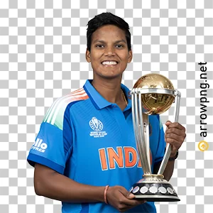 Indian cricketer Deepti Sharma holding World Cup trophy