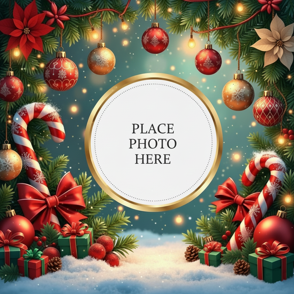 Christmas Greeting Photo Card with festive decorations and photo frame
