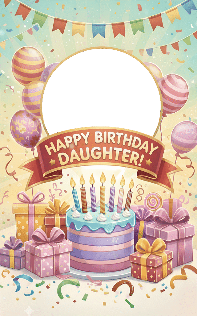 Happy birthday daughter card with photo space, cake, balloons, and gifts