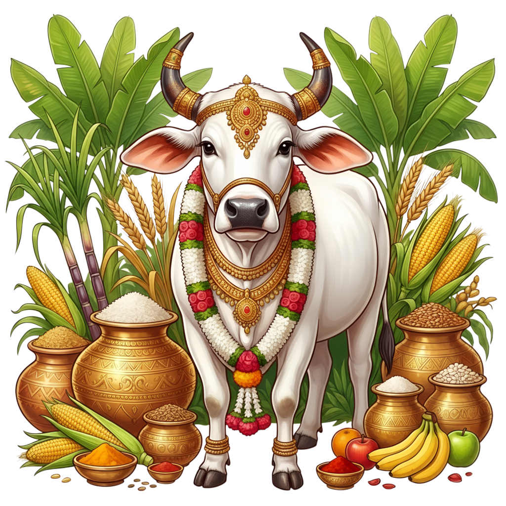 Mattu Pongal PNG with decorated cow and harvest elements